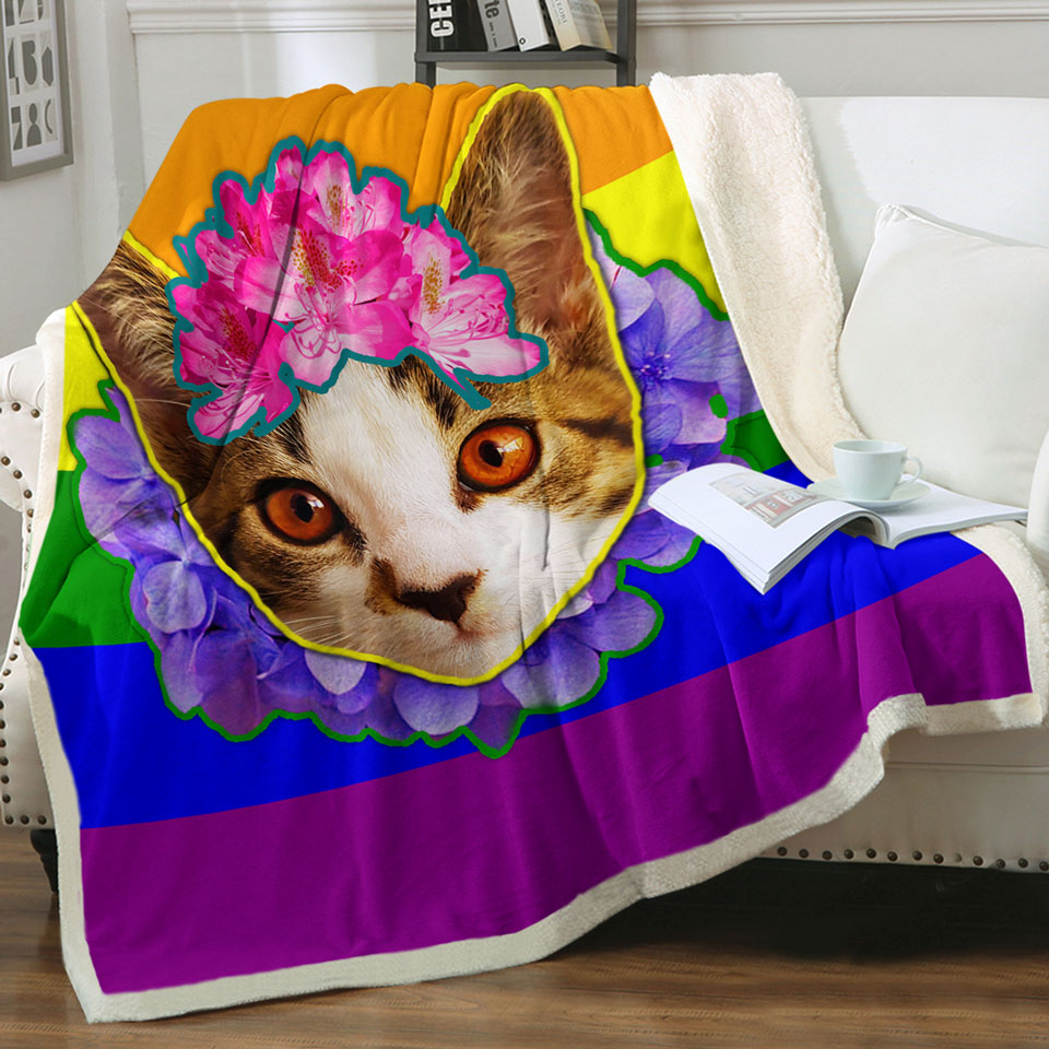 Cute Decorative Blankets Rainbow Flag Adorable Flowery Kitten