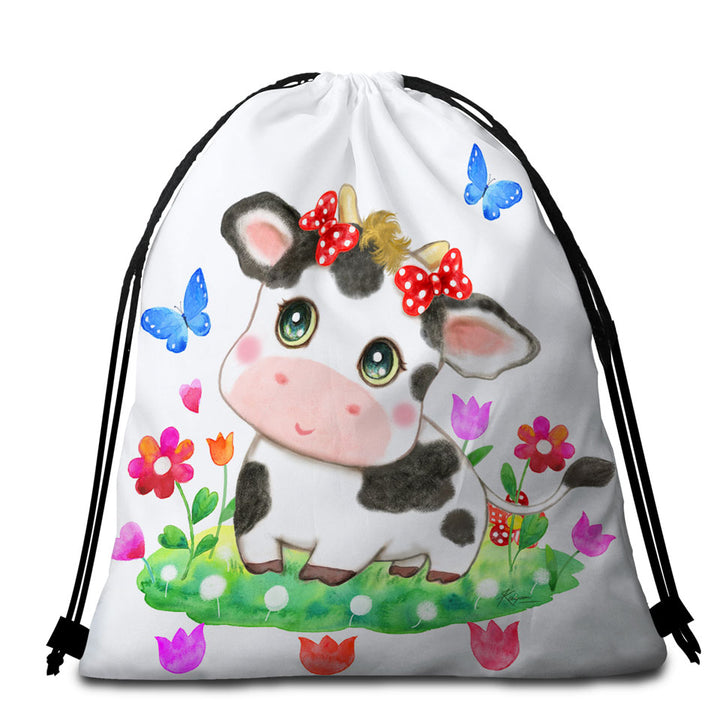 Cute Design Beach Bags and Towels for Kids Little Cow and Butterflies