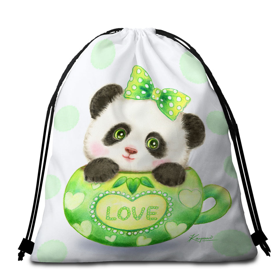 Cute Design Green Love Cup Panda Beach Towel Bags
