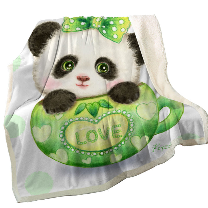 Cute Design Green Love Cup Panda Fleece Blanket