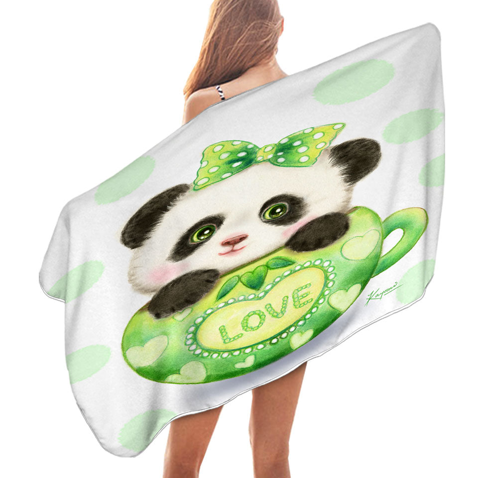 Cute Design Green Love Cup Panda Lightweight Beach Towel