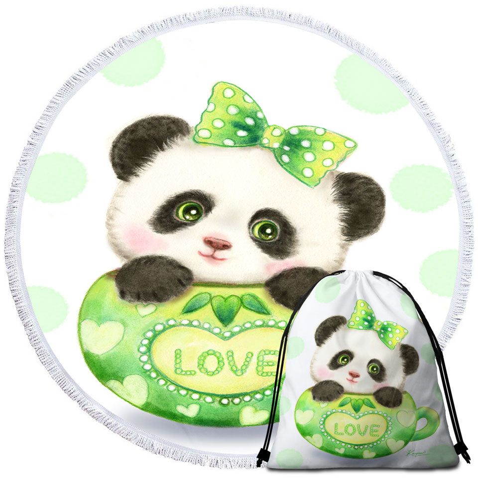 Cute Design Green Love Cup Panda Round Beach Towel