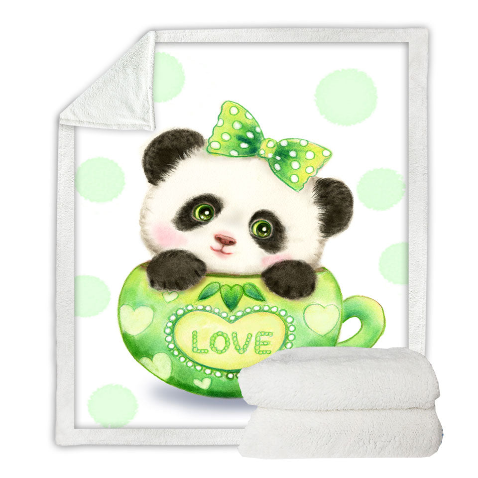 Cute Design Green Love Cup Panda Sherpa Blanket