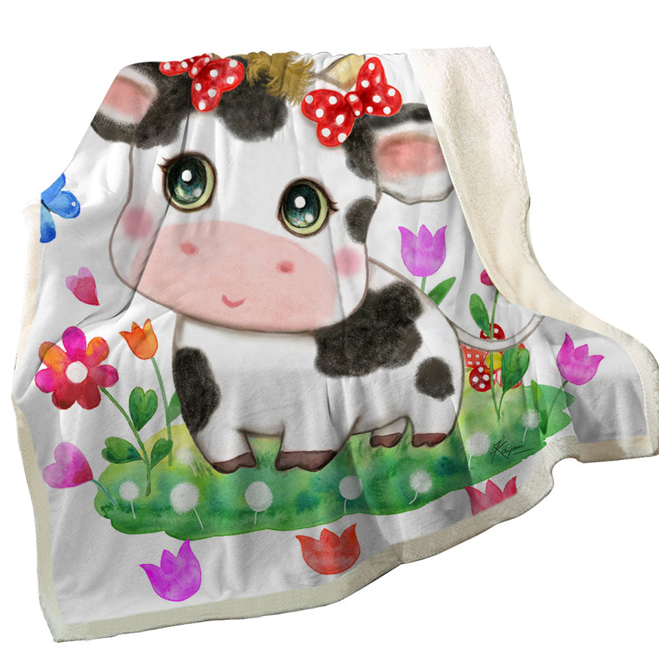 Cute Design Lightweight Blankets for Kids Little Cow and Butterflies