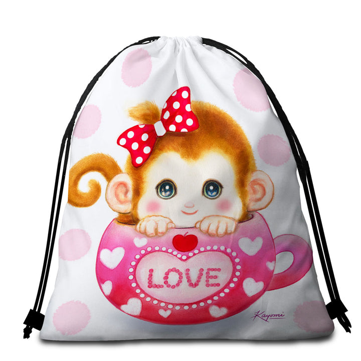 Cute Design Pinkish Love Cup Monkey Beach Towel Bags