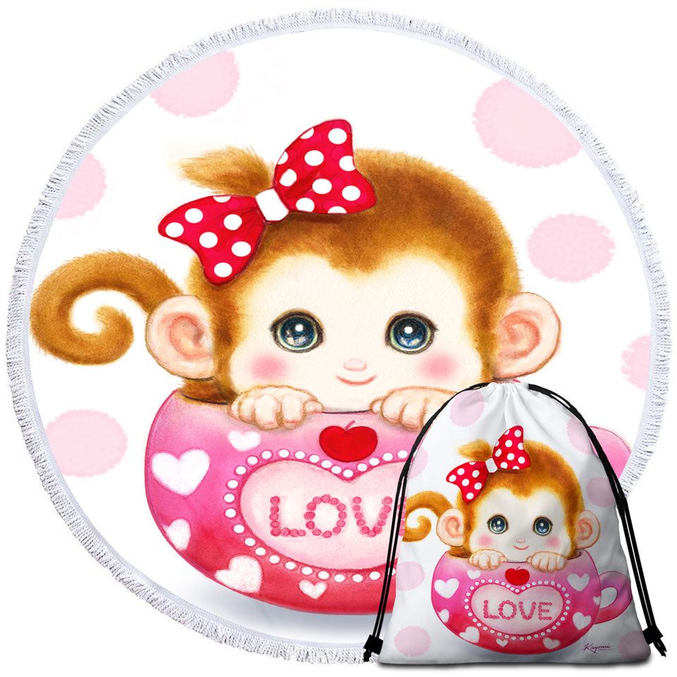 Cute Design Pinkish Love Cup Monkey Beach Towels and Bags Set