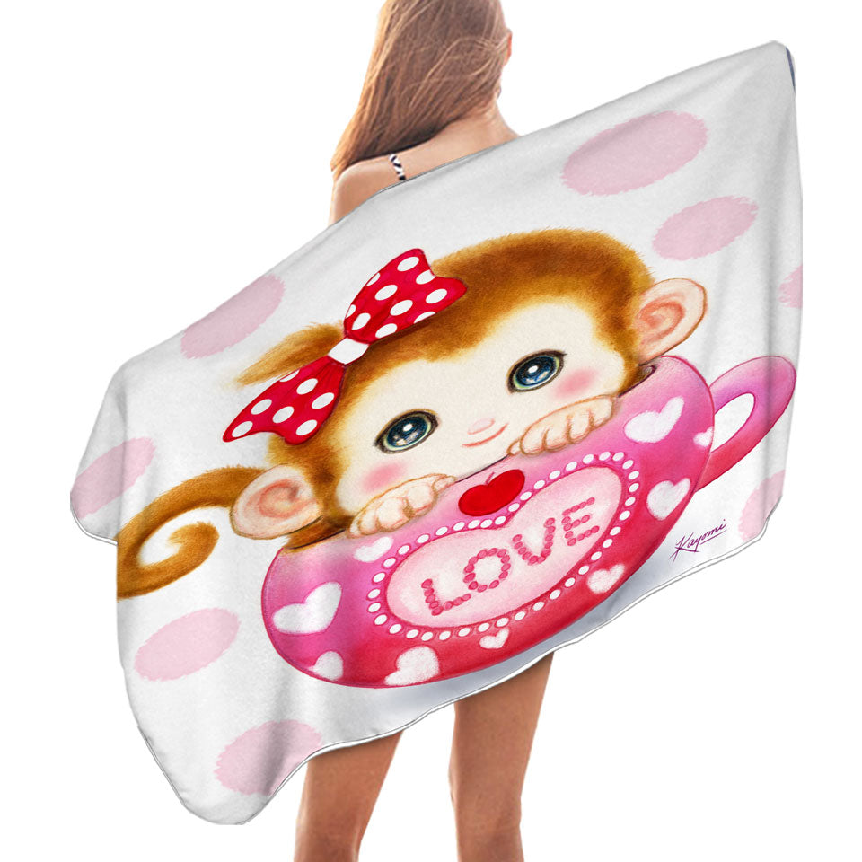 Cute Design Pinkish Love Cup Monkey Microfiber Beach Towel