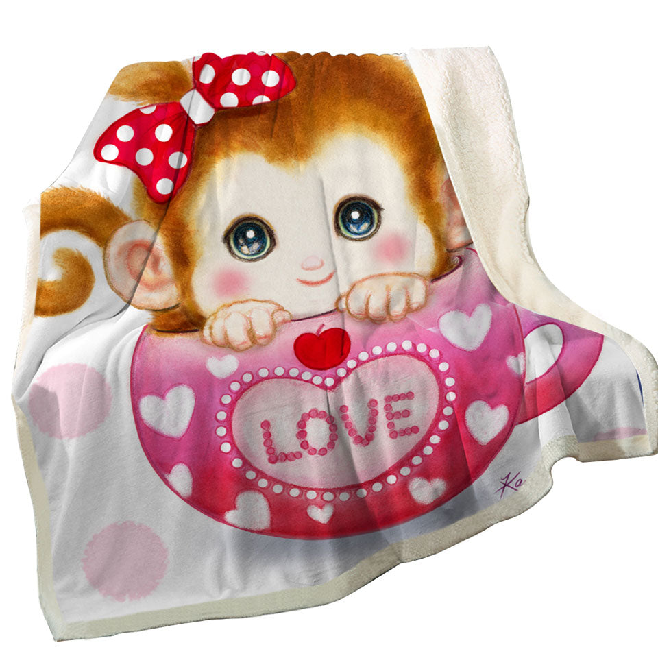 Cute Design Pinkish Love Cup Monkey Sherpa Blanket