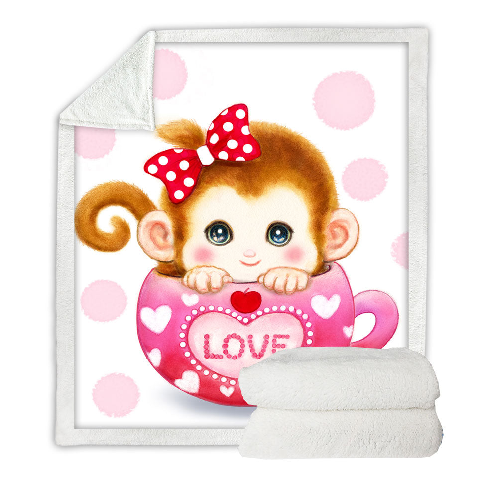 Cute Design Pinkish Love Cup Monkey Throw Blanket