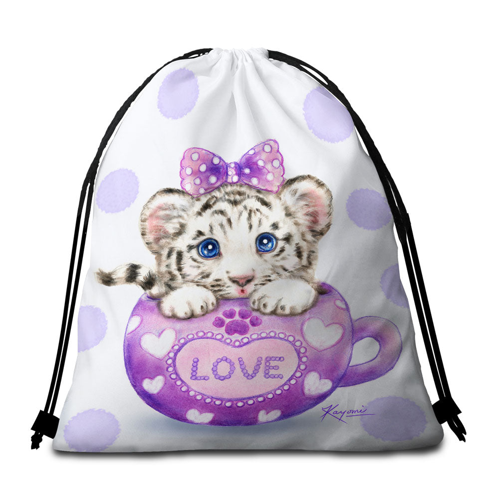 Cute Design Purple Love Cup White Tiger Beach Bags and Towels
