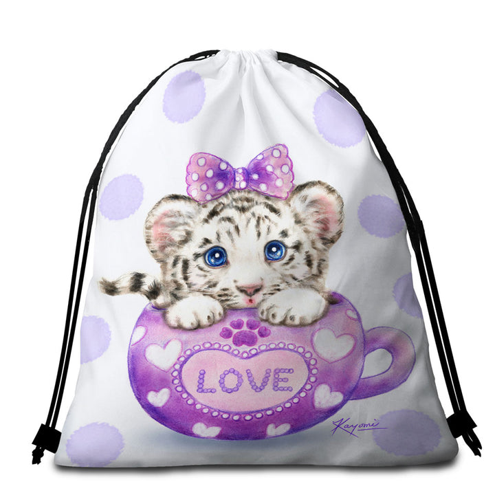 Cute Design Purple Love Cup White Tiger Beach Bags and Towels