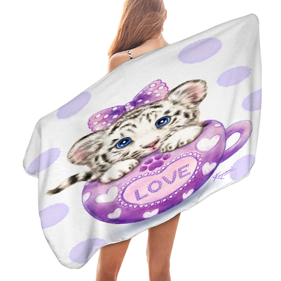 Cute Design Purple Love Cup White Tiger Microfiber Beach Towel