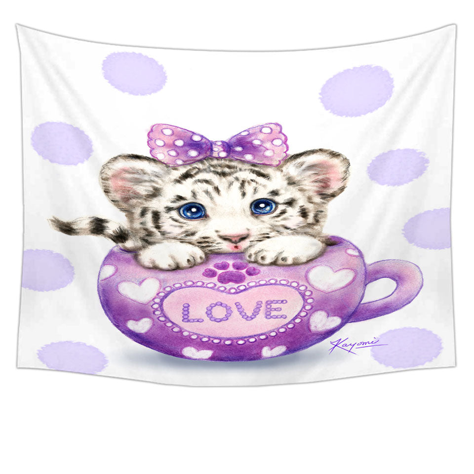Cute Design Purple Love Cup White Tiger Tapestry Wall Decor