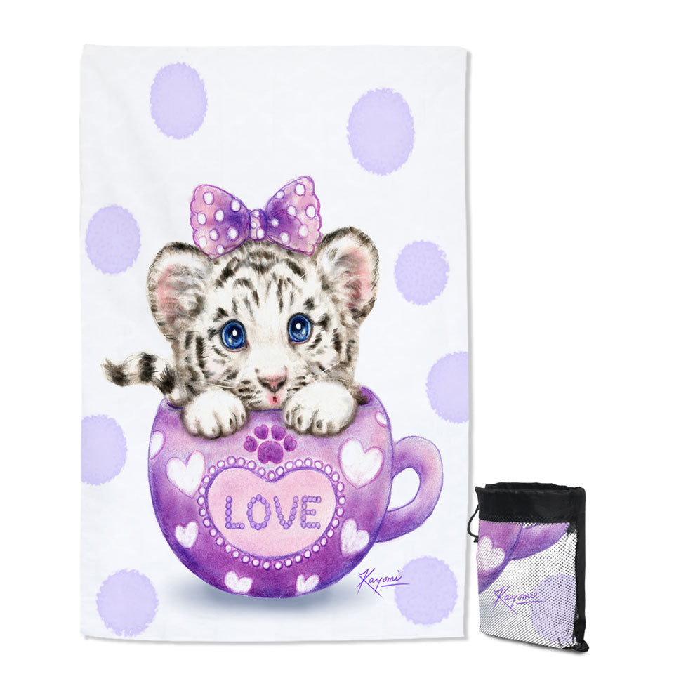 Cute Design Purple Love Cup White Tiger Unique Beach Towels