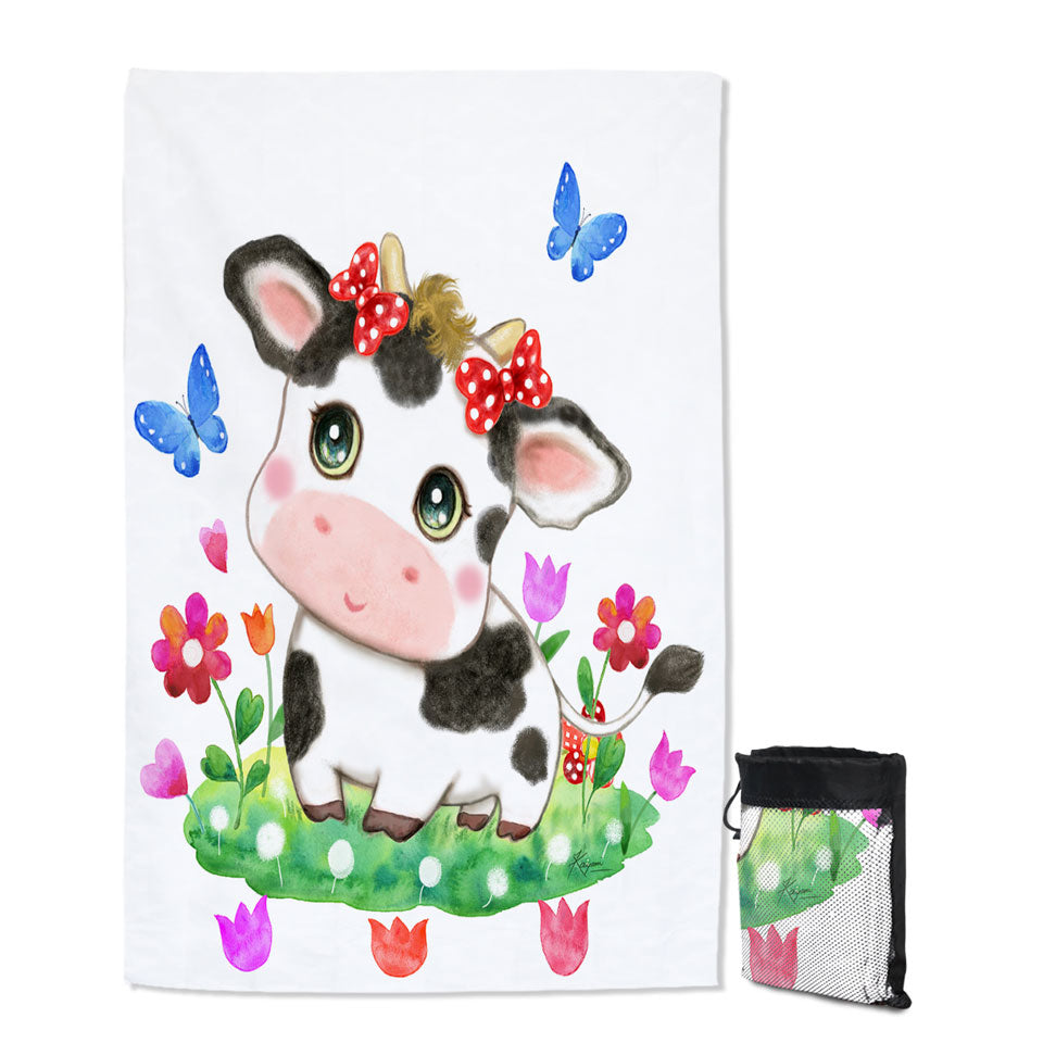 Cute Design Quick Dry Beach Towels for Kids Little Cow and Butterflies