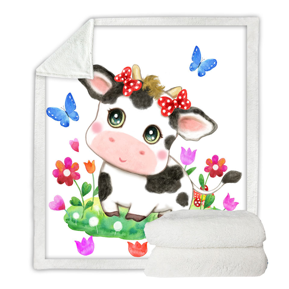 Cute Design Sherpa Blankets for Kids Little Cow and Butterflies