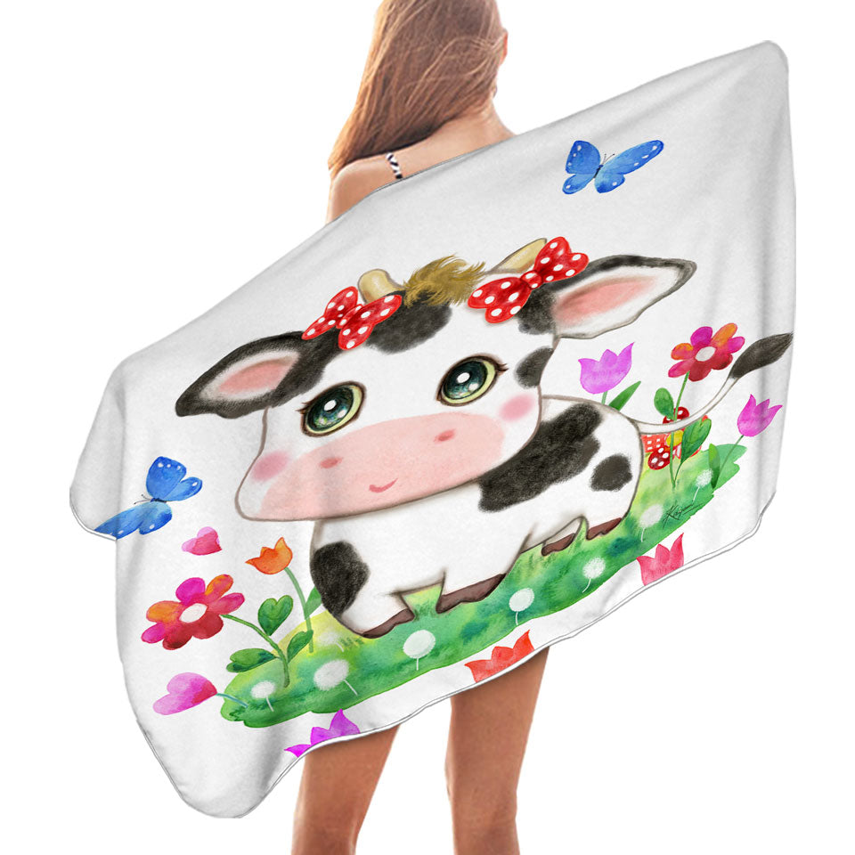 Cute Design Swims Towel for Kids Little Cow and Butterflies