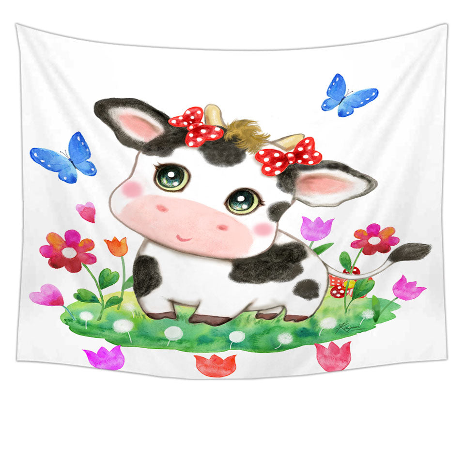 Cute Design Tapestry Wall Hanging for Kids Little Cow and Butterflies