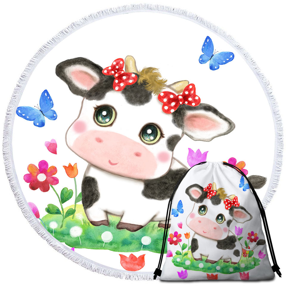 Cute Design Travel Beach Towel for Kids Little Cow and Butterflies