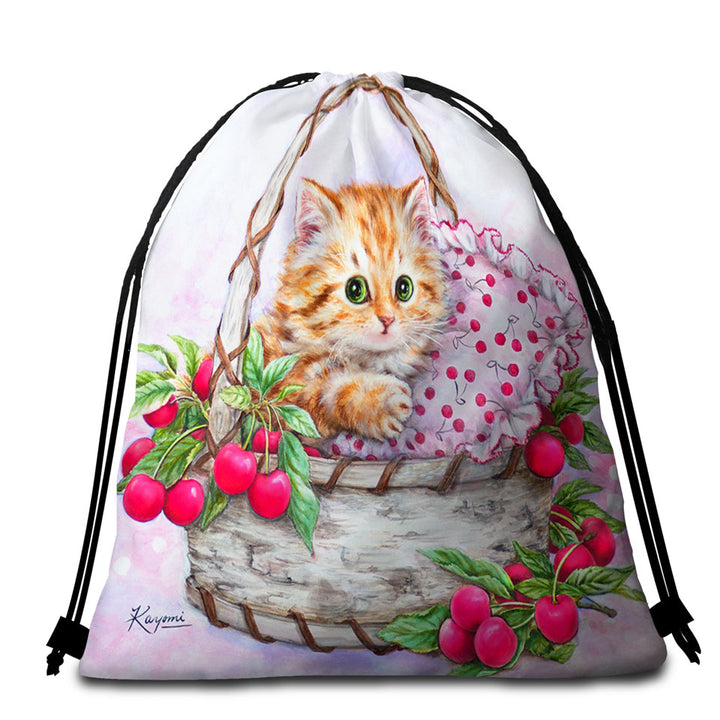 Cute Designs Beach Bags and Towels for Girls Kitten in Cherries Basket