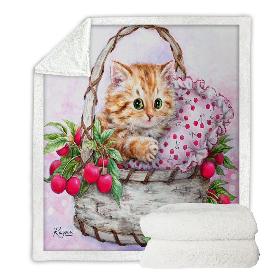 Cute Designs Couch Throws for Girls Kitten in Cherries Basket