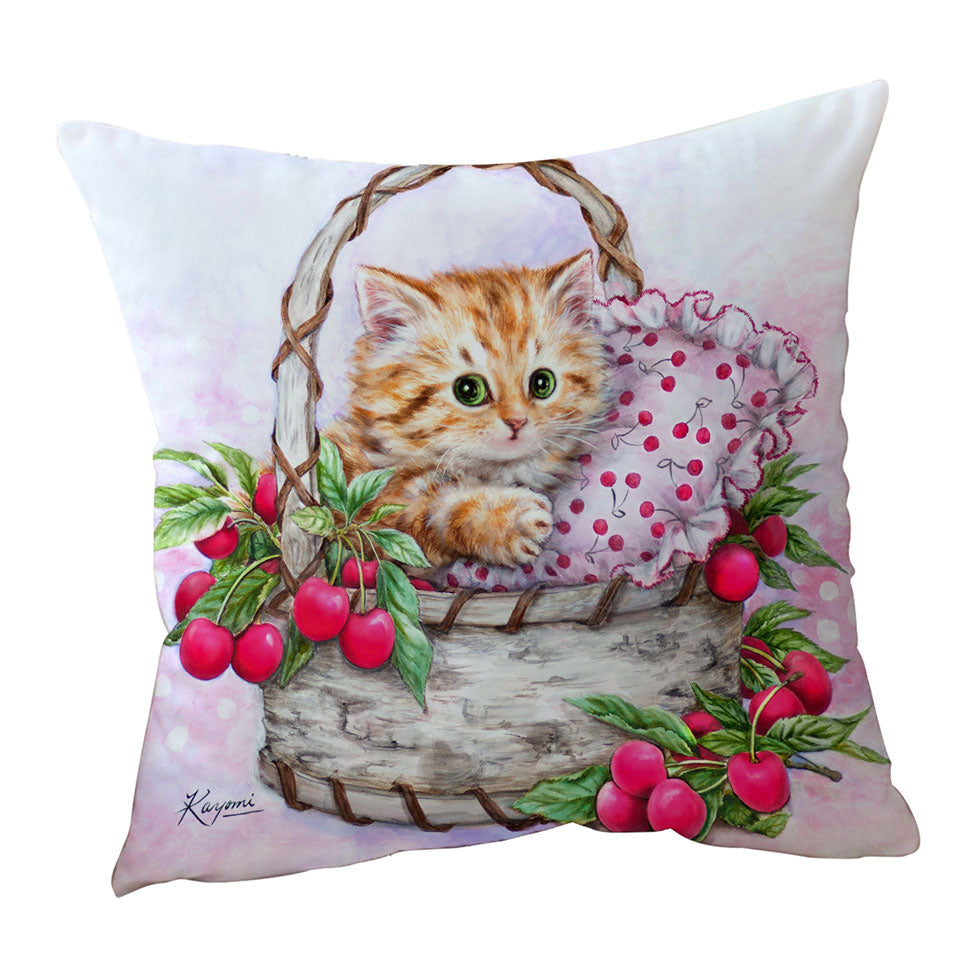 Cute Designs Cushions for Girls Kitten in Cherries Basket