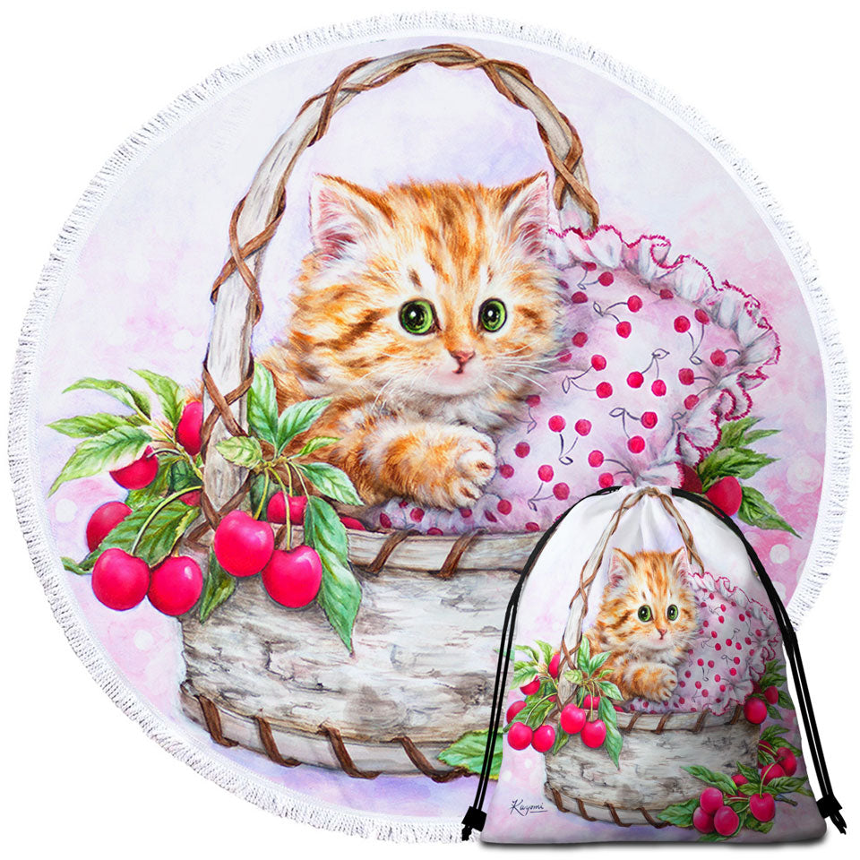 Cute Designs Microfiber Beach Towel for Girls Kitten in Cherries Basket
