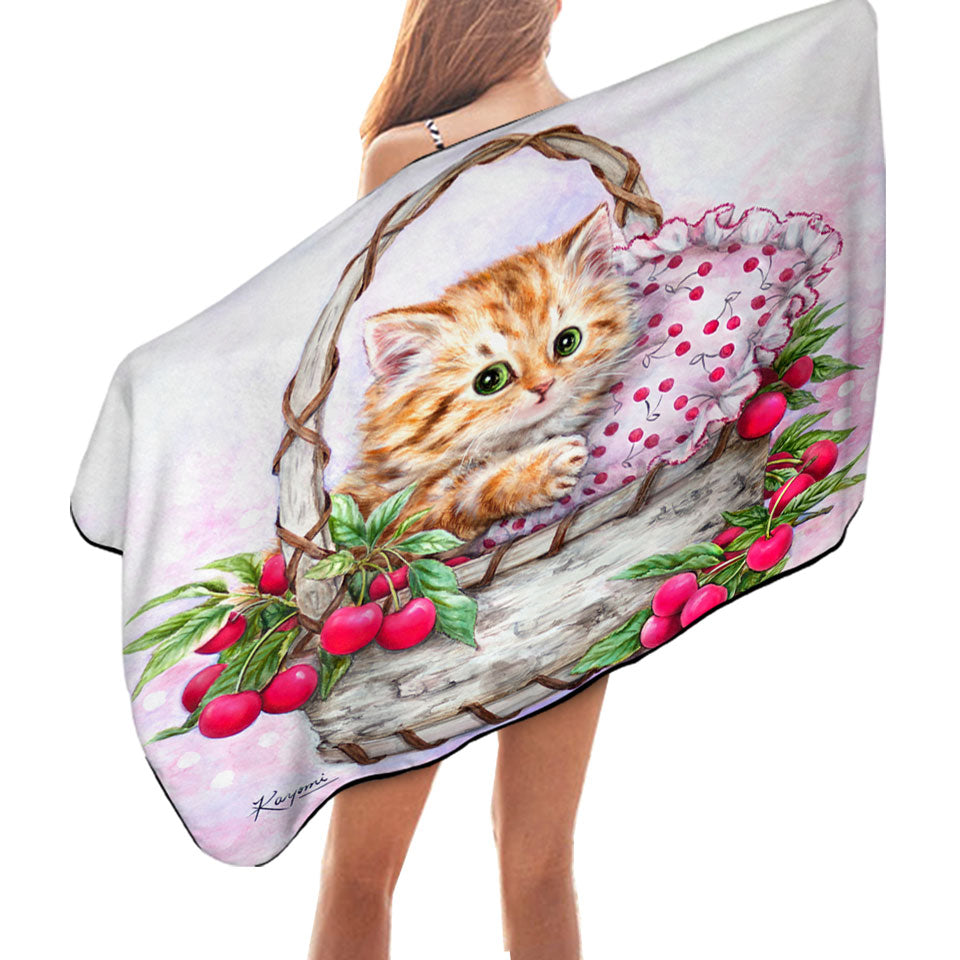 Cute Designs Swims Towel for Girls Kitten in Cherries Basket