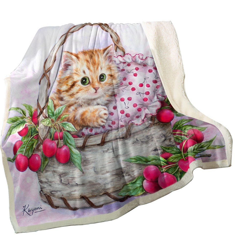 Cute Designs Throw Blankets for Girls Kitten in Cherries Basket