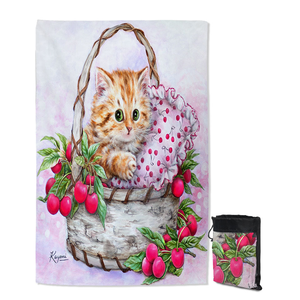 Cute Designs Tine Beach Towels for Girls Kitten in Cherries Basket