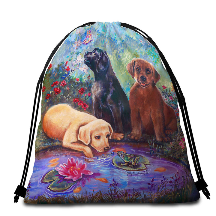 Cute Dog Beach Towel Bags Art Lovely Labradors in the Flower Garden