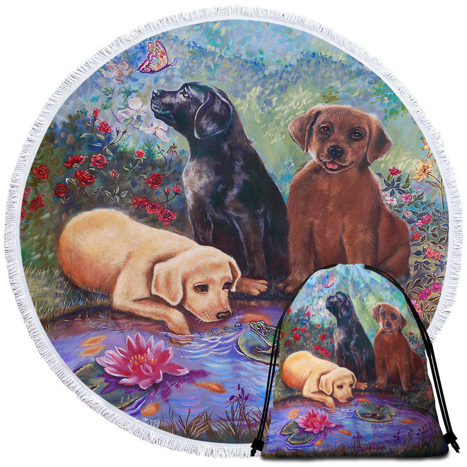 Cute Dog Beach Towels and Bags Set Art Lovely Labradors in the Flower Garden