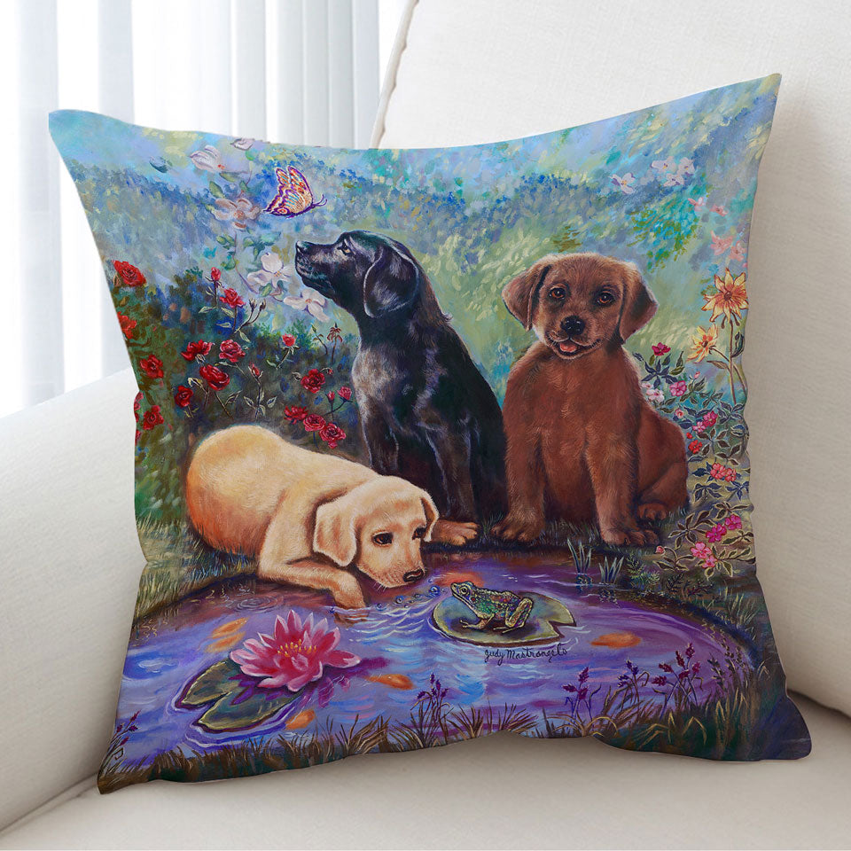 Cute Dog Cushion Art Lovely Labradors in the Flower Garden