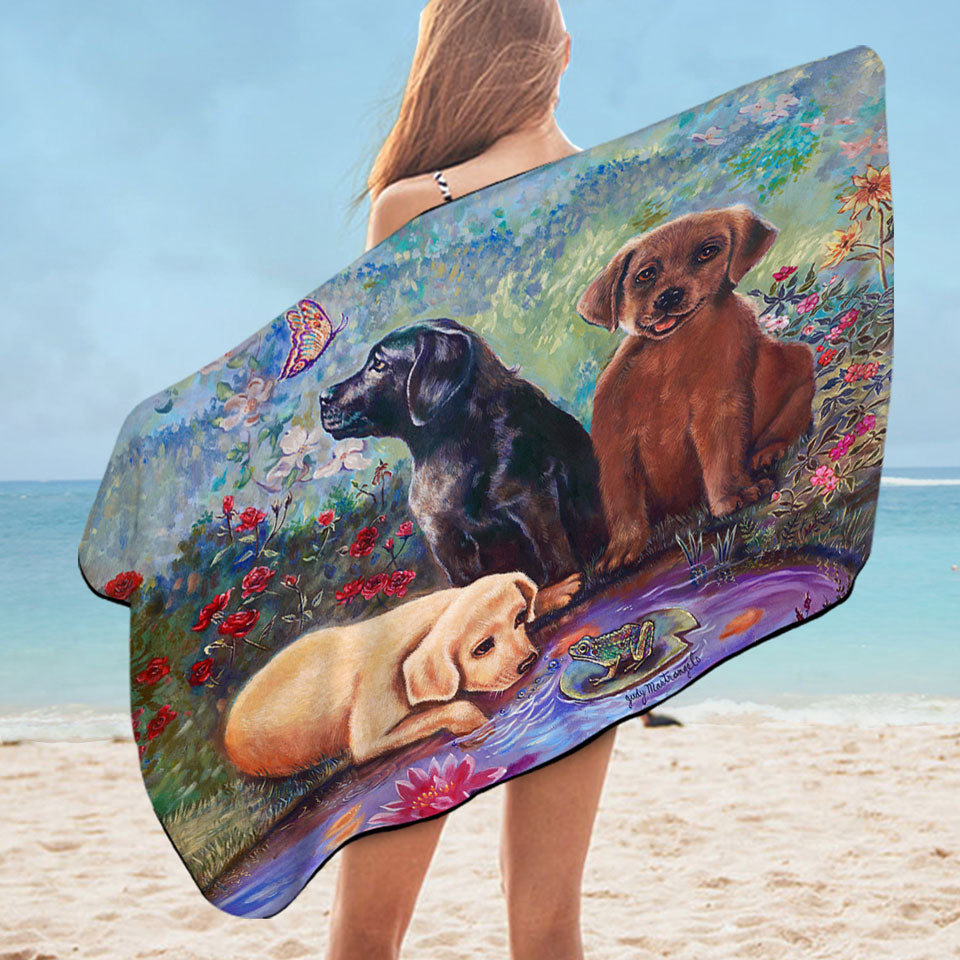 Cute Dog Pool Towels Art Lovely Labradors in the Flower Garden