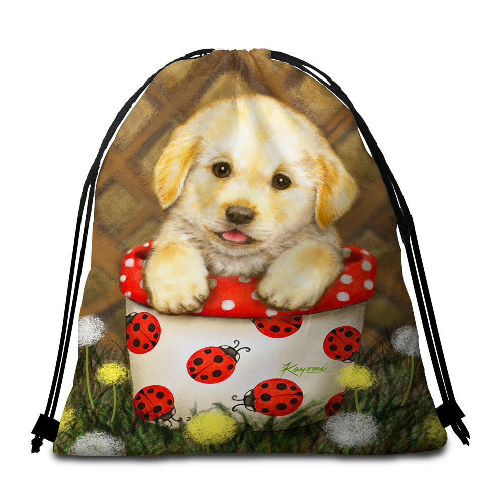 Cute Dog Puppy in Ladybug Flower Pot Beach Towel Bags