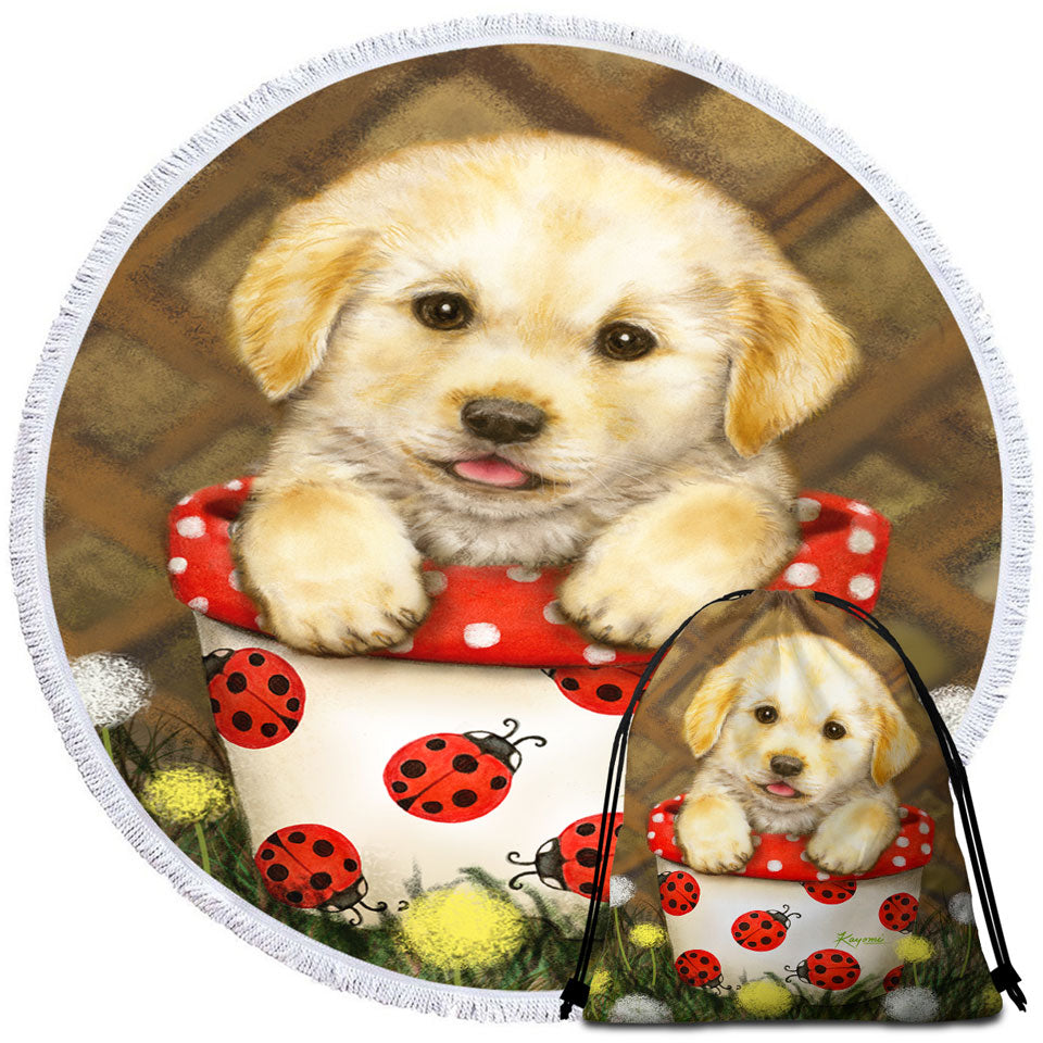 Cute Dog Puppy in Ladybug Flower Pot Beach Towels and Bags Set
