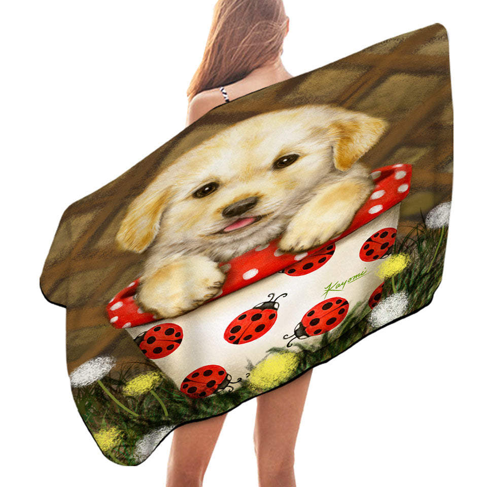 Cute Dog Puppy in Ladybug Flower Pot Beach Towels