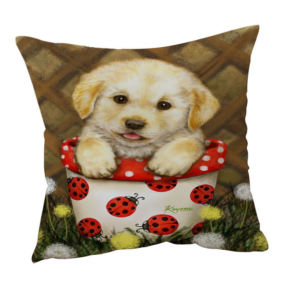 Cute Dog Puppy in Ladybug Flower Pot Cushion Cover