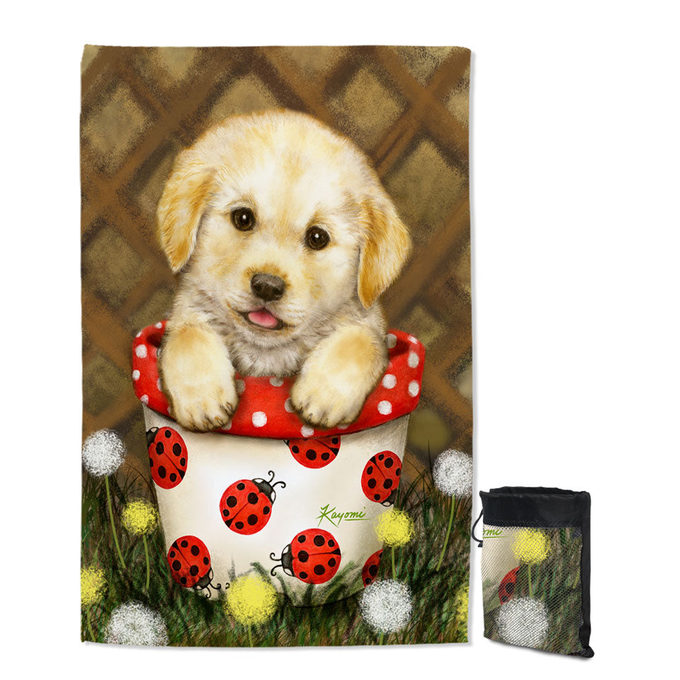Cute Dog Puppy in Ladybug Flower Pot Quick Dry Beach Towel