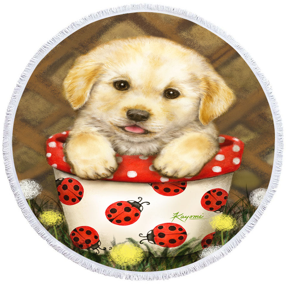 Cute Dog Puppy in Ladybug Flower Pot Round Beach Towel