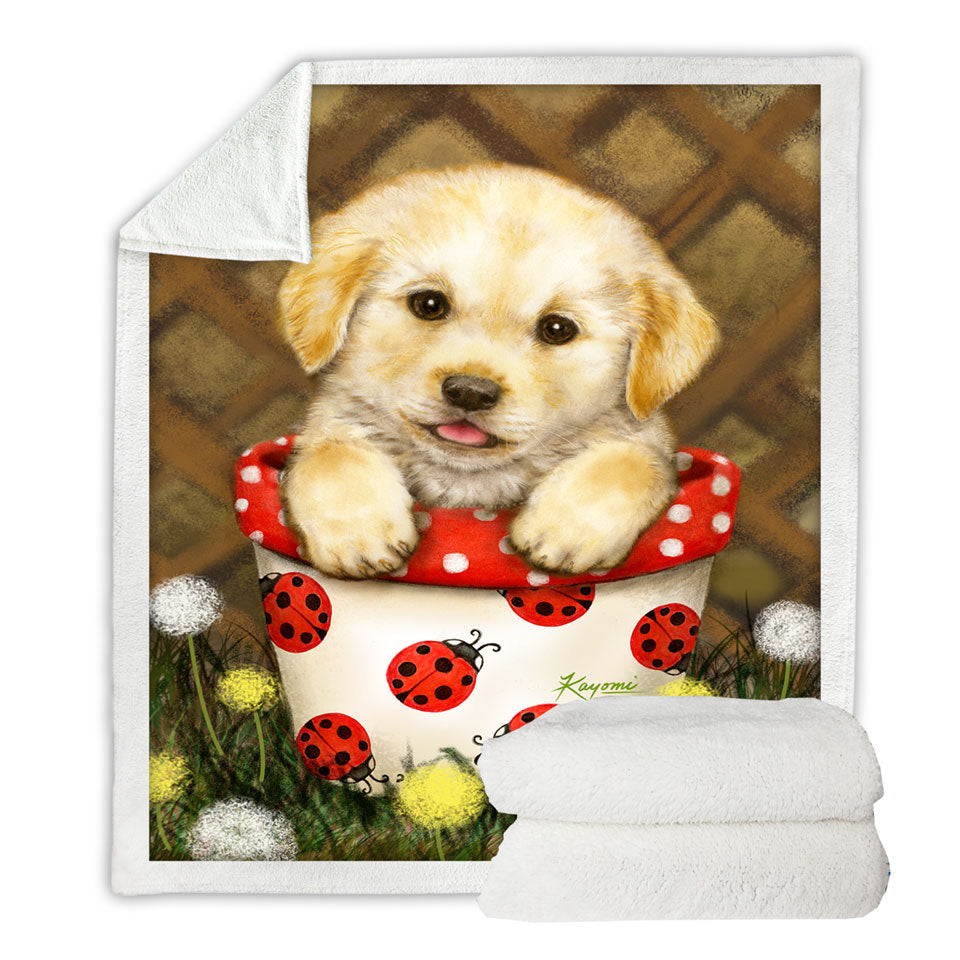 Cute Dog Puppy in Ladybug Flower Pot Sherpa Blanket