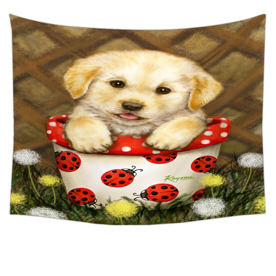 Cute Dog Puppy in Ladybug Flower Pot Tapestry