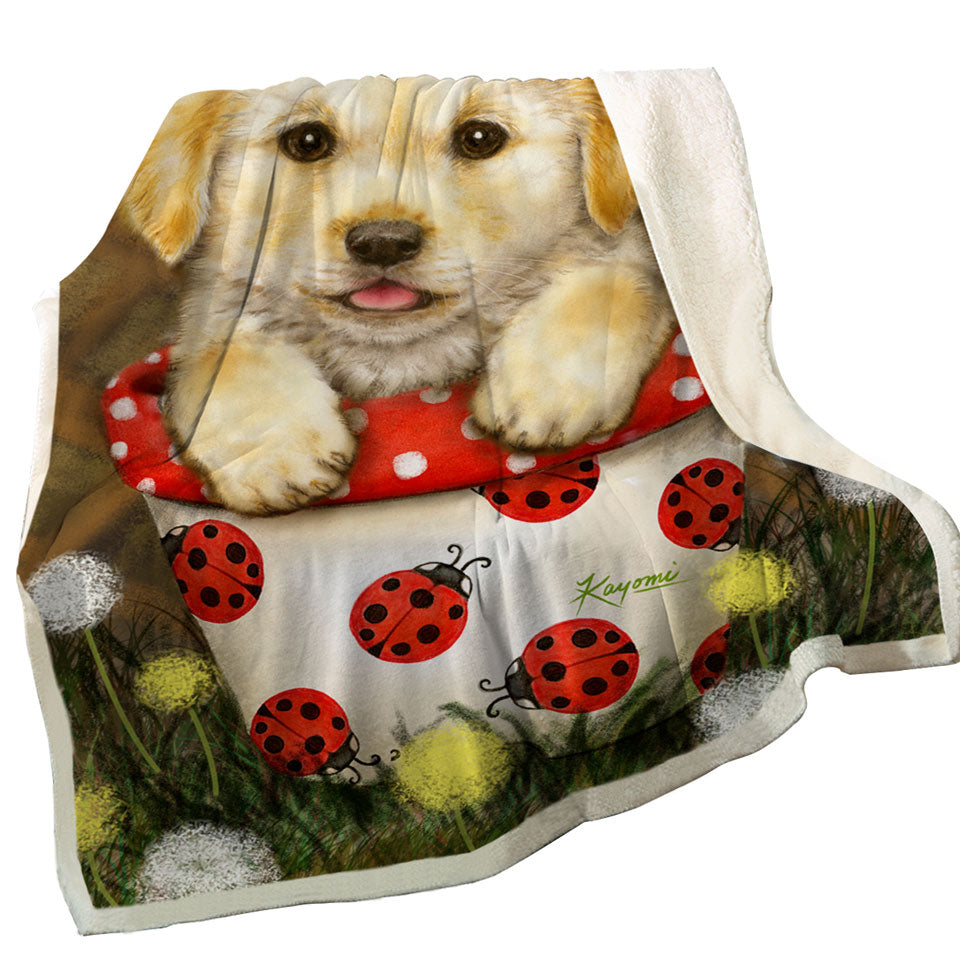 Cute Dog Puppy in Ladybug Flower Pot Throw Blanket