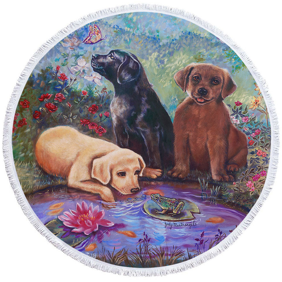 Cute Dog Round Beach Towel Art Lovely Labradors in the Flower Garden