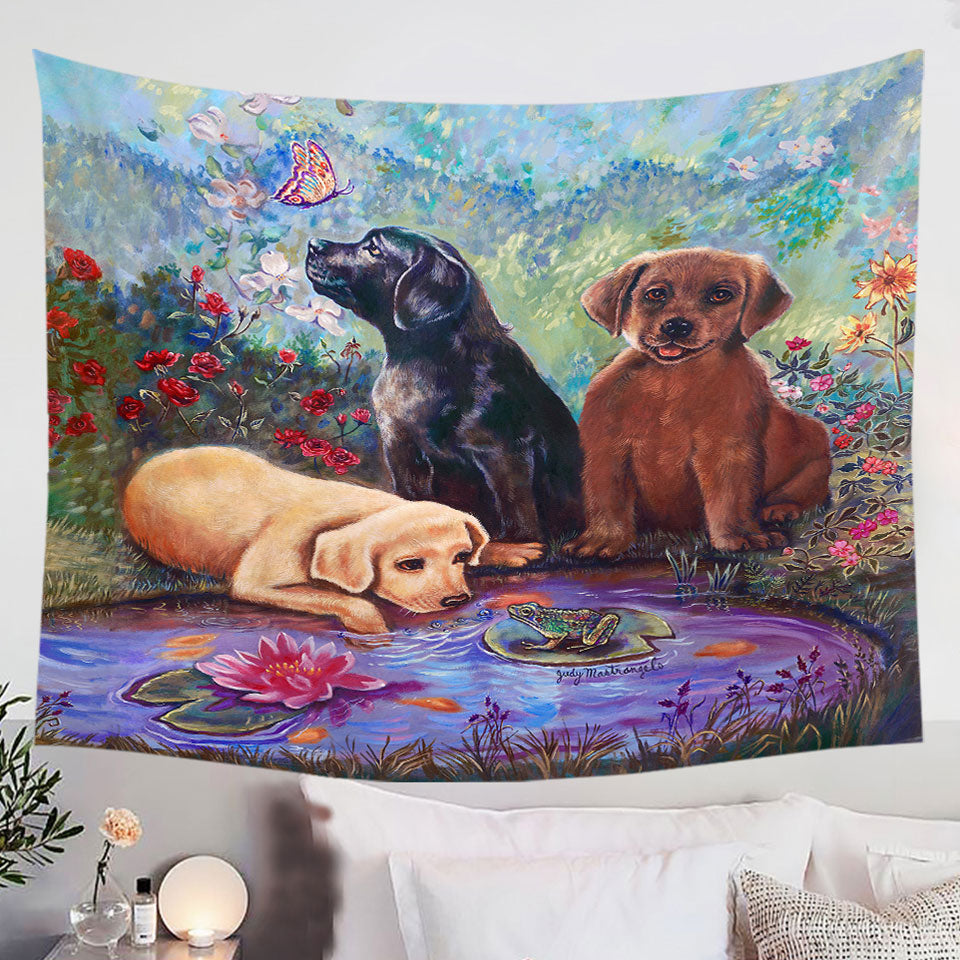 Cute-Dog-Wall-Decor-Tapestry-Art-Lovely-Labradors-in-the-Flower-Garden