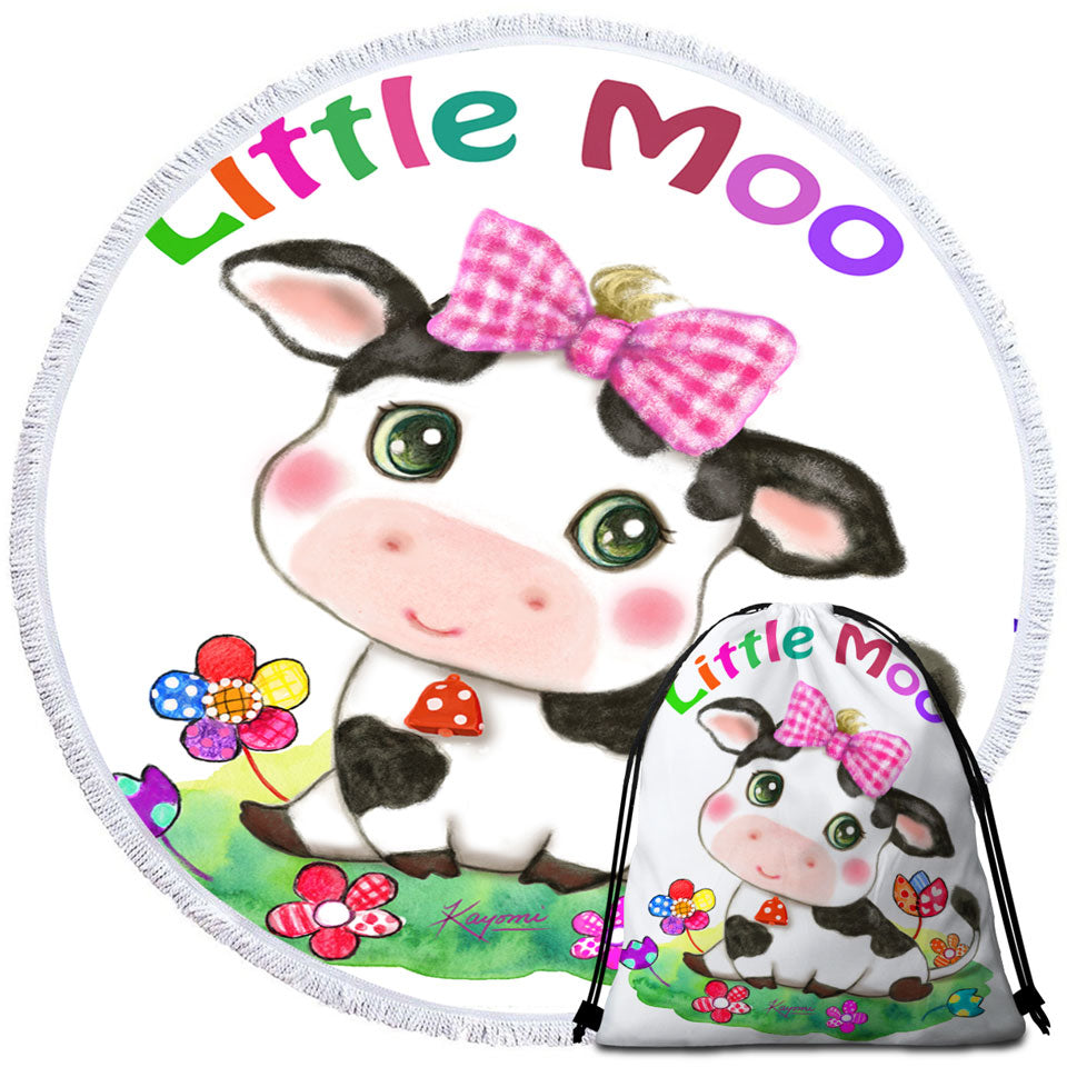 Cute Drawings Beach Towels and Bags Set for Kids Little Moo Cow and Flowers
