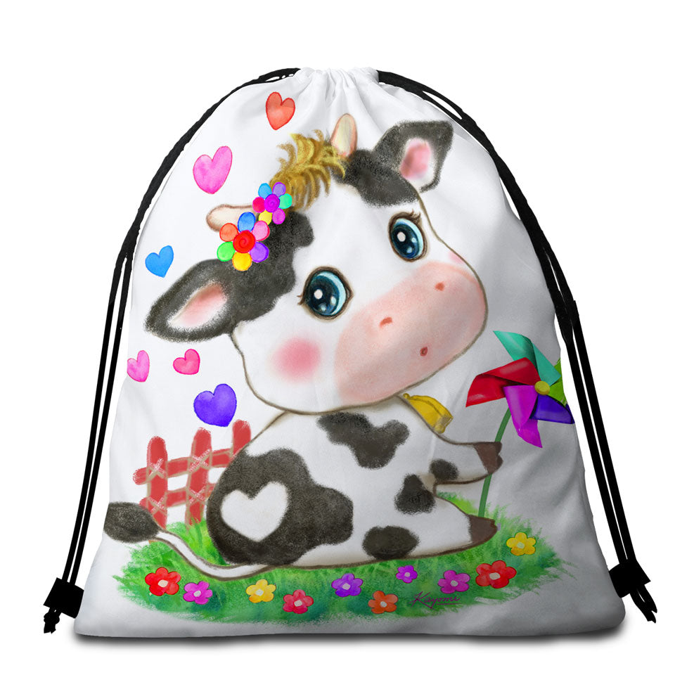 Cute Drawings Beach Towels and Bags Set for Kids Little Moo Heart Cow