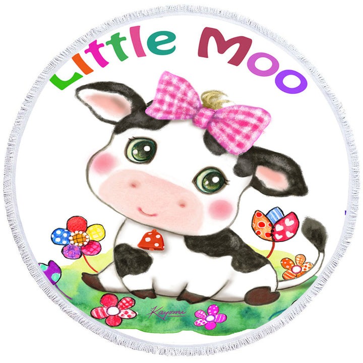 Cute Drawings Beach Towels for Kids Little Moo Cow and Flowers Round Beach Towel