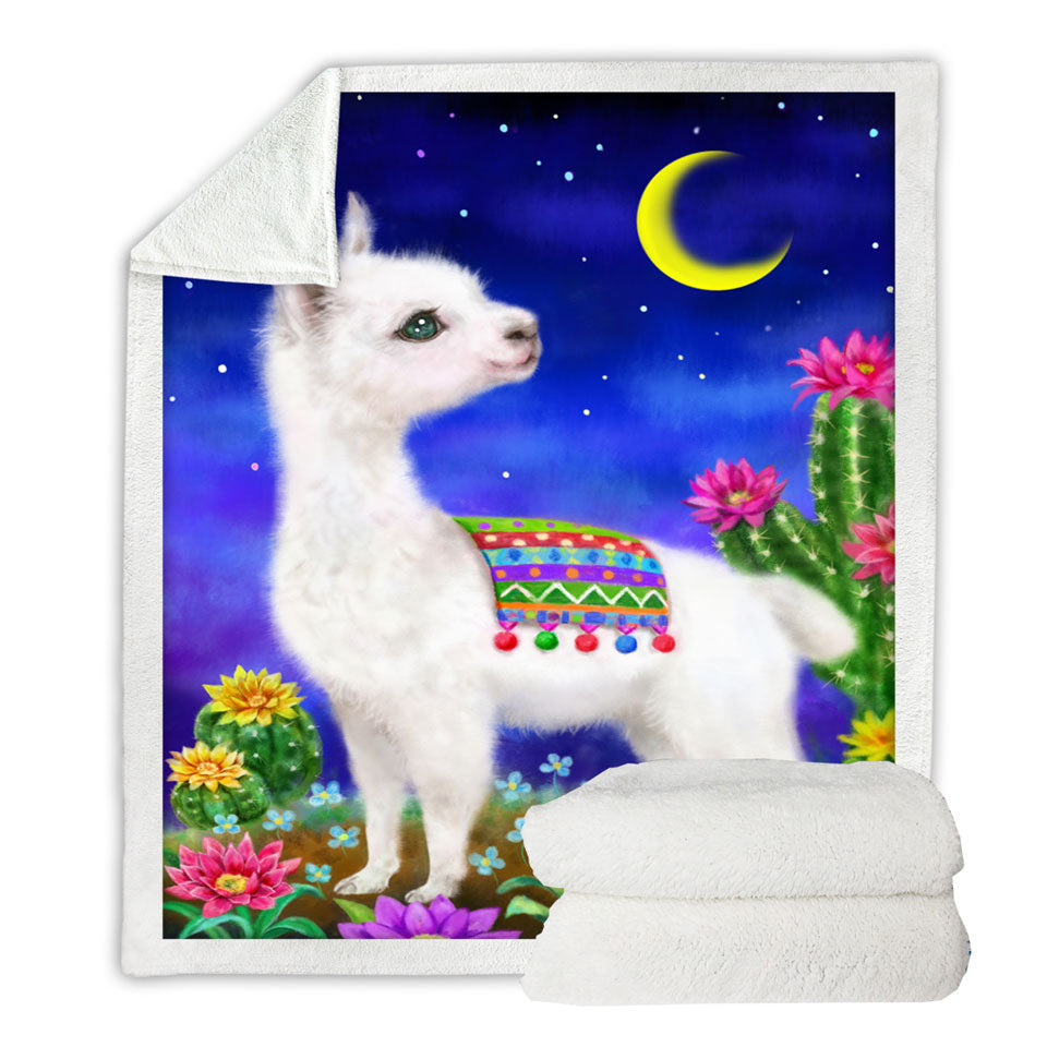 Cute Drawings Fleece Blankets for Kids Llama in the Moonlight