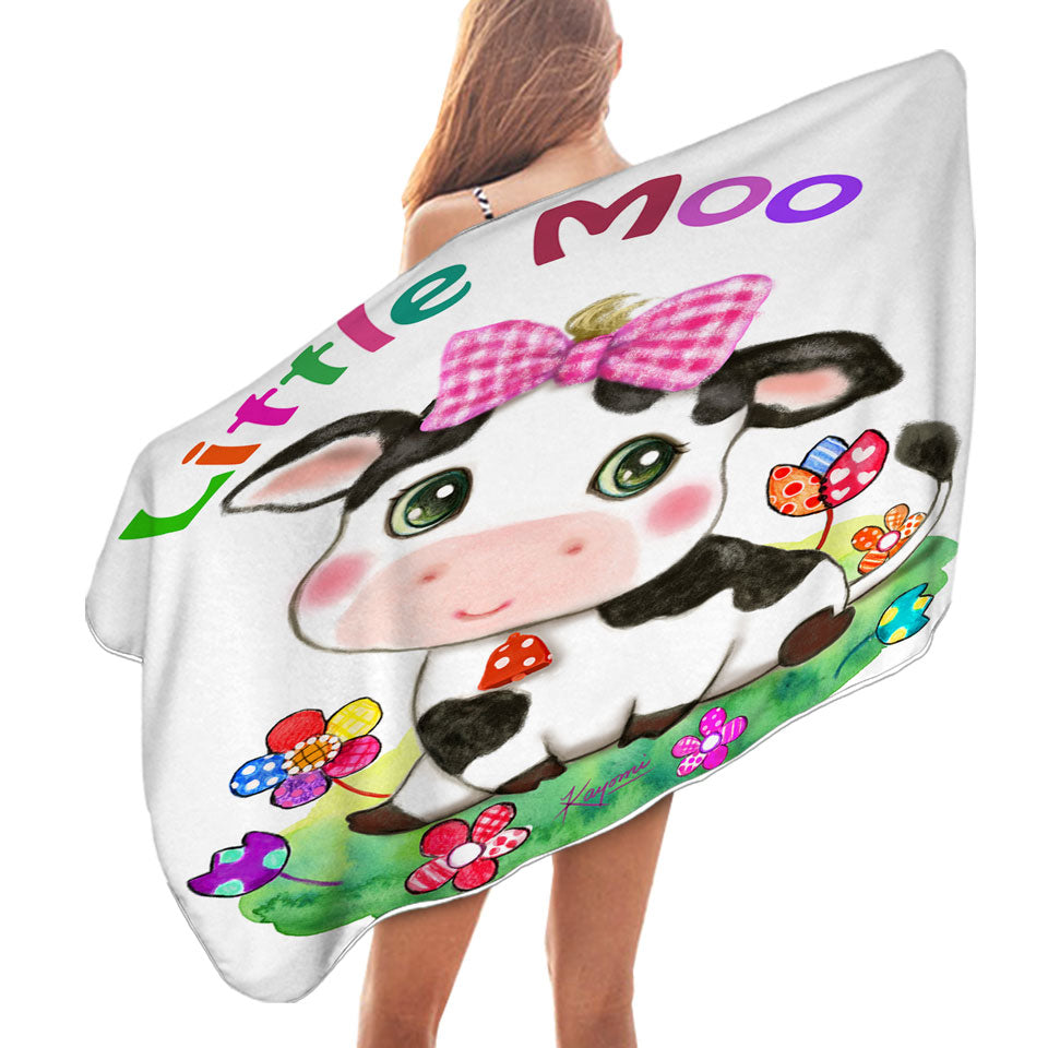 Cute Drawings Pool Towels for Kids Little Moo Cow and Flowers Beach Towel